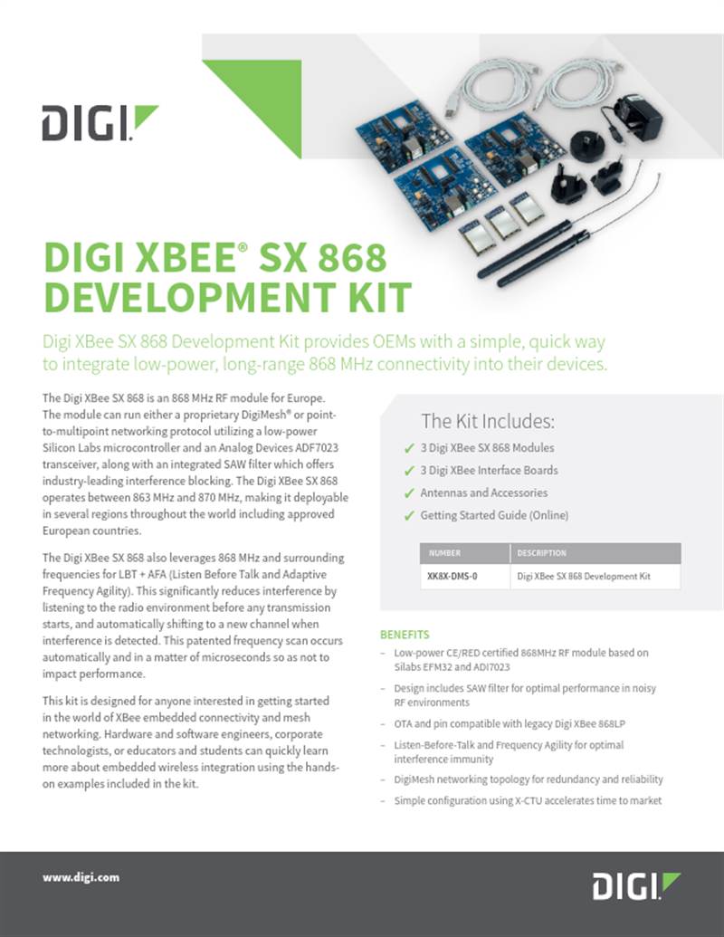 Digi XBee SX 868 开发套件数据表