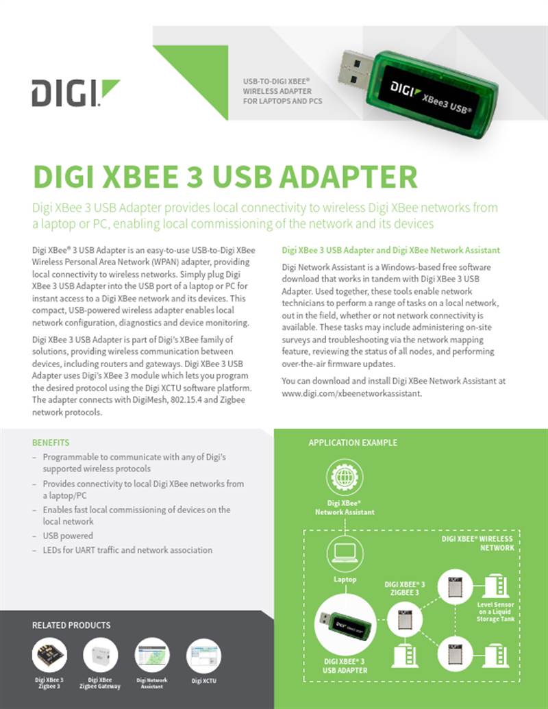 Fiche technique de l'adaptateur USBDigi XBee 3