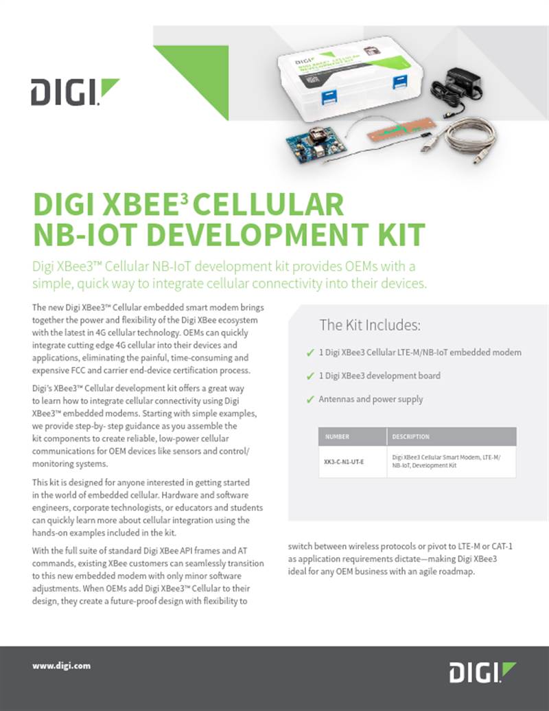 Fiche technique du kit de développement Digi XBee3 Cellular NB-IoT