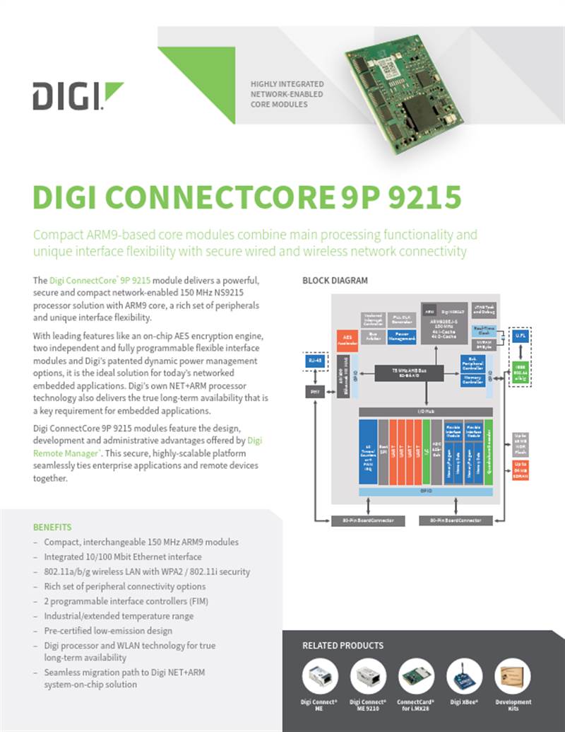 Digi ConnectCore 9P 9215 数据表