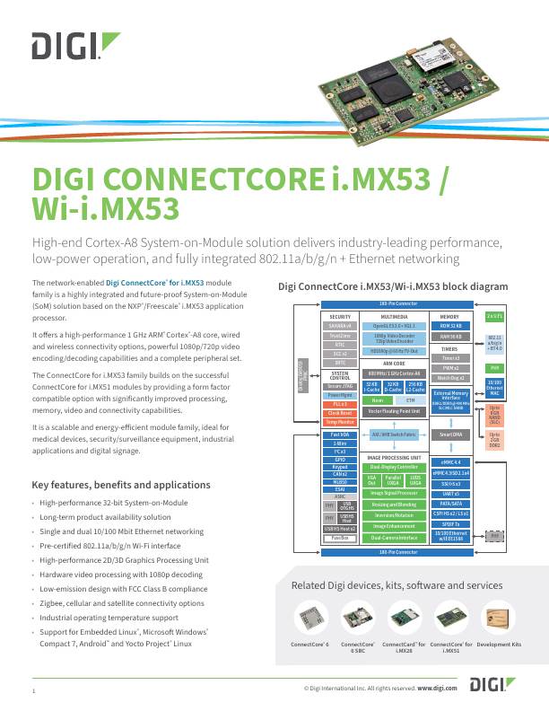 Digi ConnectCore i.MX53 / Wi-i.MX53 Page de couverture de la fiche technique