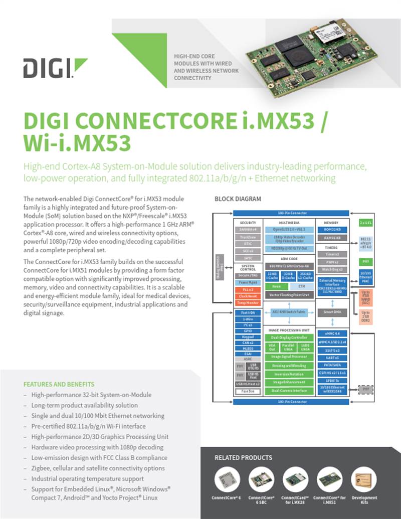 Digi ConnectCore i.MX53 / Wi-i.MX53 数据表