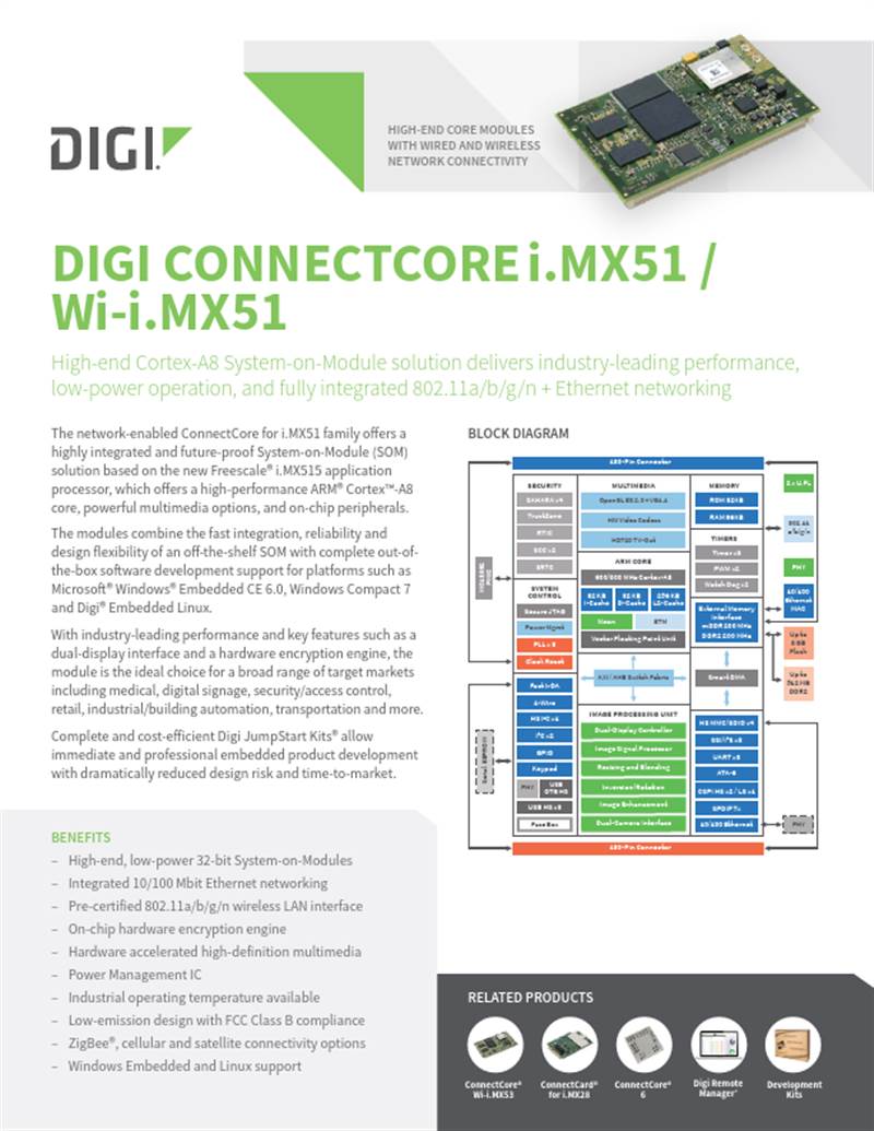 Digi ConnectCore i.MX51 数据表