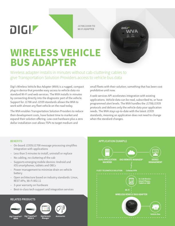 Fiche technique de l'adaptateur de bus de véhicule sans fil (WVA)