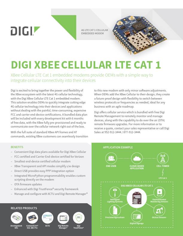 Digi XBee Fiche technique Cellular LTE Cat 1