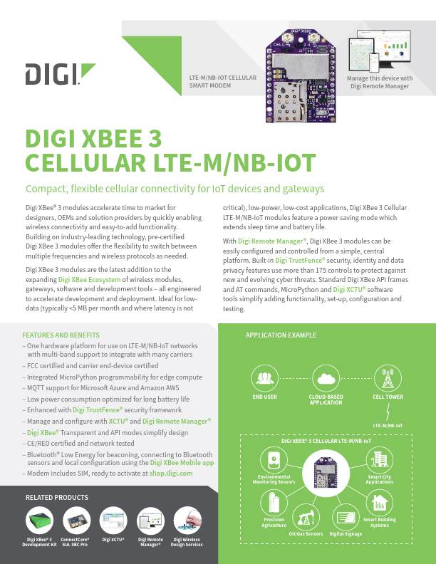 Digi XBee 3 Cellulaire LTE-M/NB-IoT Page de couverture de la fiche technique