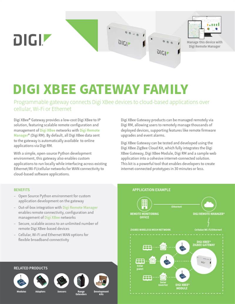 Fiche technique de la famille de passerelles Digi XBee