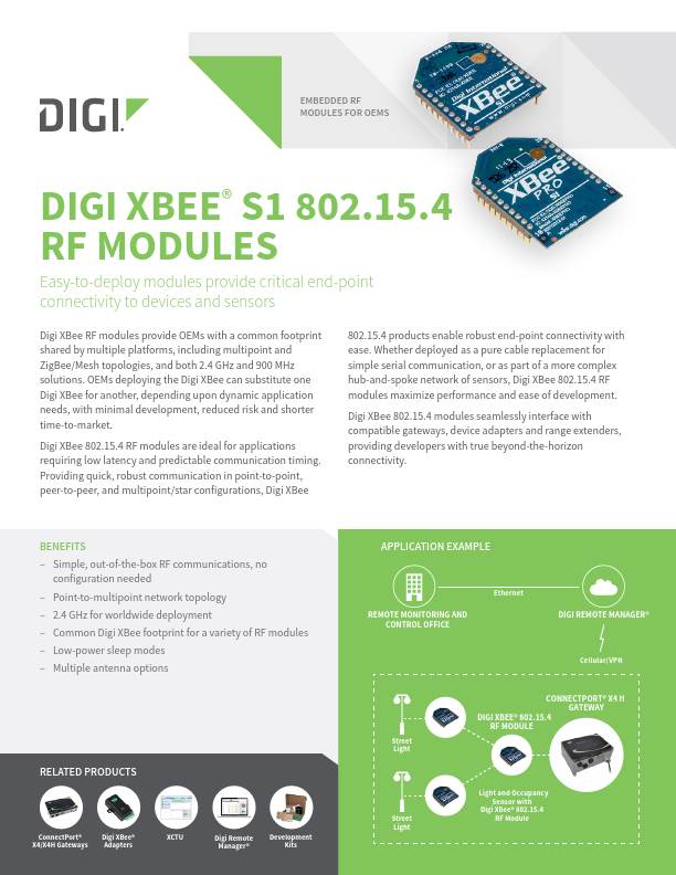 Portada de la hoja de datos del producto XBee S1 802.15.4 heredado