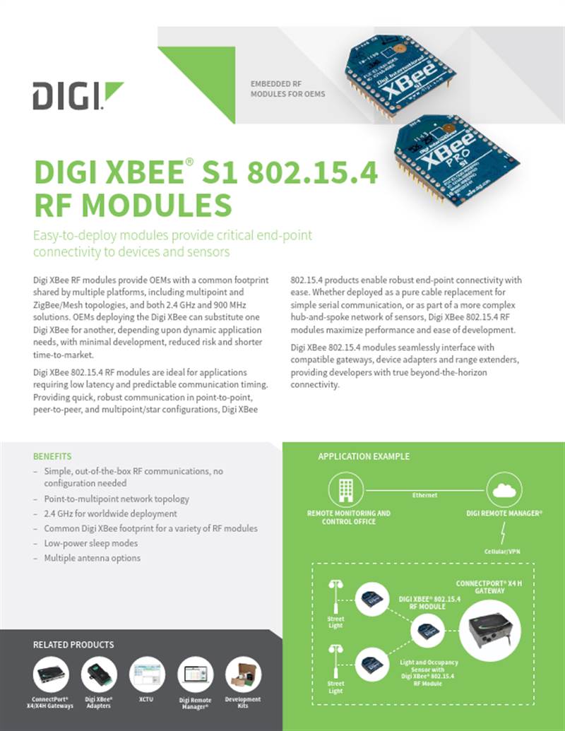 Hoja de datos del producto Legacy XBee S1 802.15.4