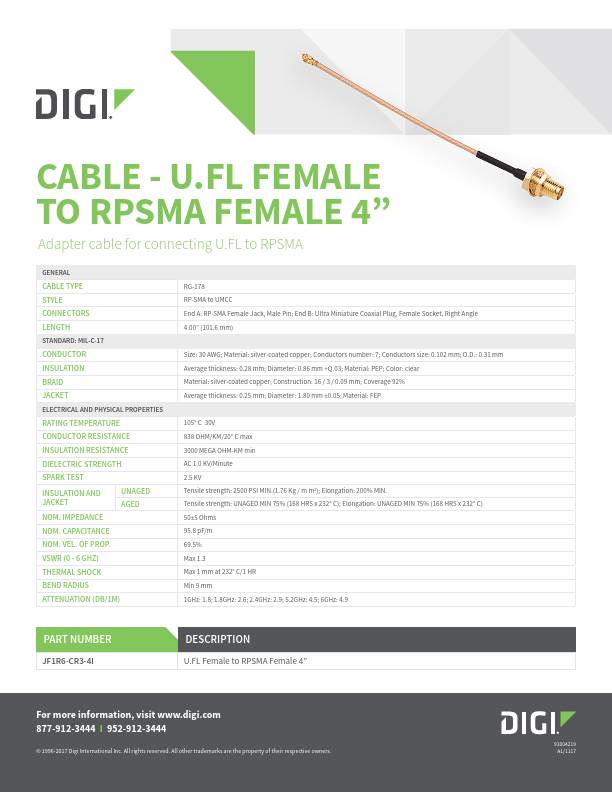 Cable - U.FL hembra a RPSMA hembra 4" Hoja de datos portada