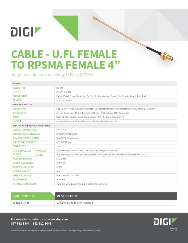 Câble - U.FL femelle vers RPSMA femelle 4" Page de couverture de la fiche technique