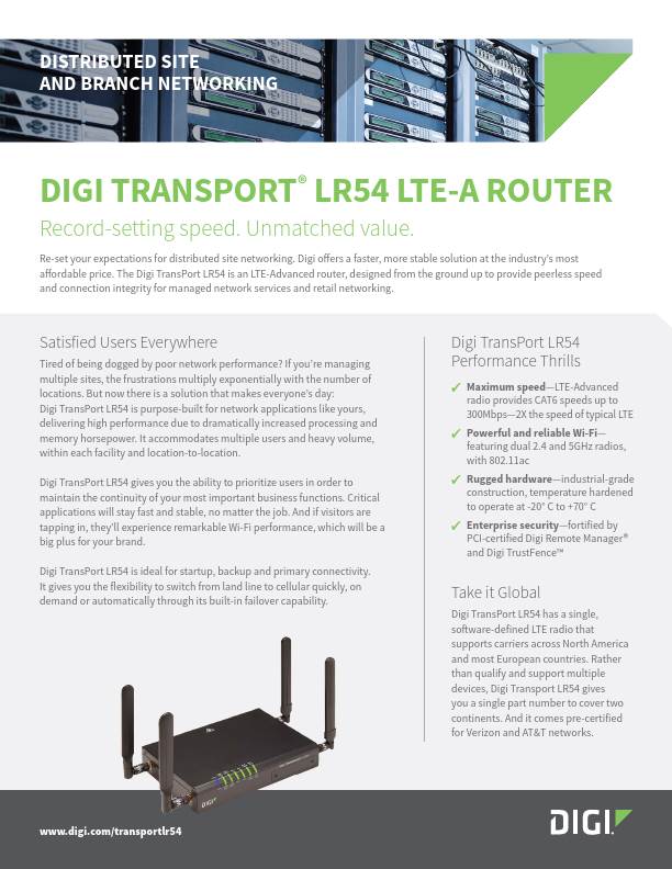 Page de couverture du Digi TransPort LR54 pour les réseaux distribués de sites et de succursales