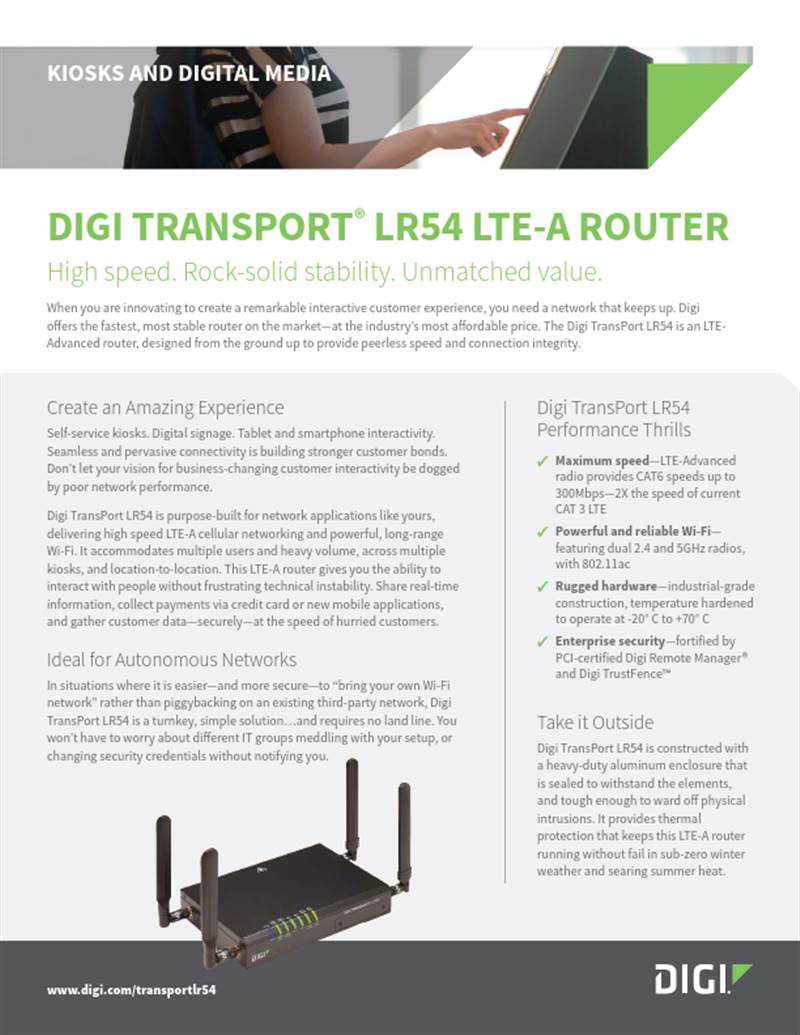 用于信息亭和数字媒体的 Digi TransPort LR54