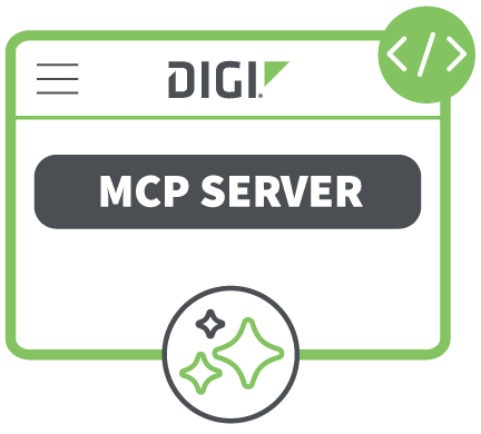Digi MCP Server-Grafik mit der Bezeichnung „NEU“, mit einem Symbol für eine KI-fähige Infrastruktur und dem Digi-Logo