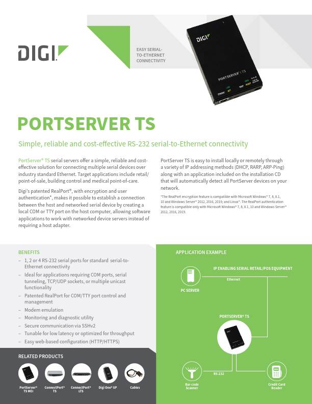 Portada de la hoja de datos del Digi PortServer TS