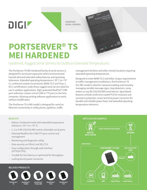 Page de couverture de la fiche technique du PortServer TS H MEI