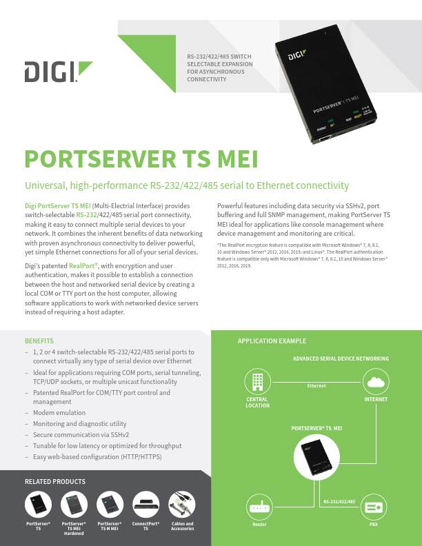 Page de couverture de la fiche technique du PortServer TS MEI