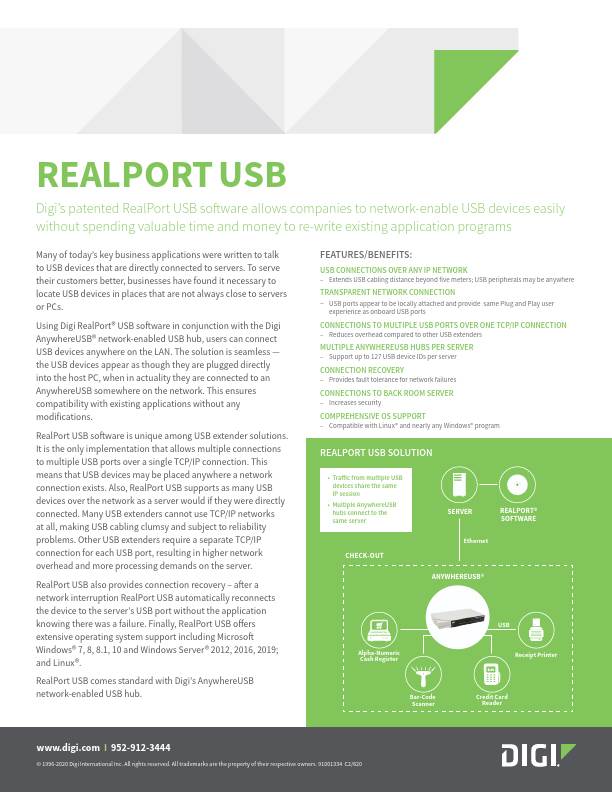 El software patentado RealPort USB de Digi permite a las empresas conectar fácilmente los dispositivos USB a la red