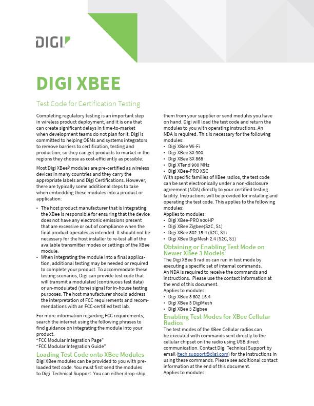 Digi XBee Page de couverture du code de test pour les tests de certification