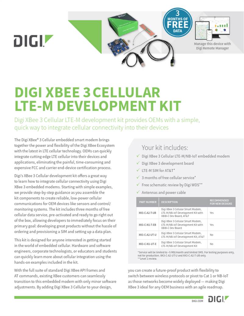 Digi XBee 3 Hoja de datos del kit de desarrollo celular LTE-M