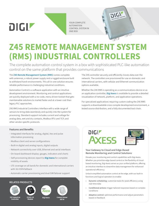 Digi Z45 Remote Management System Industrial Controller Datasheet cover page