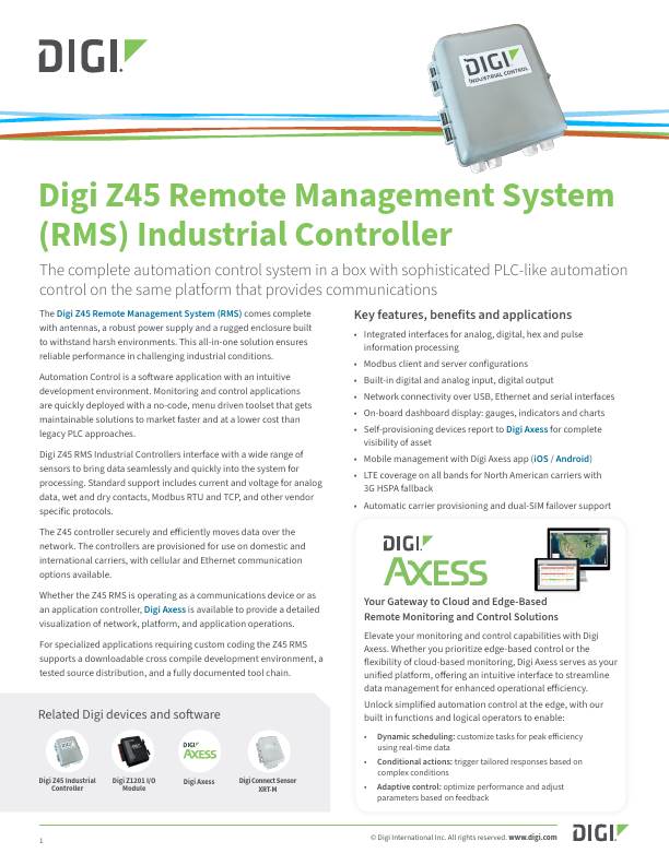 Digi Z45 Remote Management System Industrial Controller Datasheet cover page